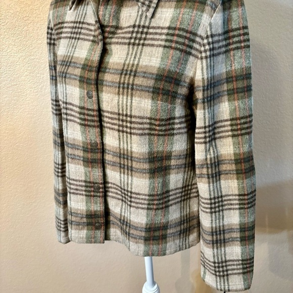 Vintage Evan Picone Top Sz 6 Wool Blend Snap-Up Plaid Tan Brown Long Sleeves - Picture 9 of 14